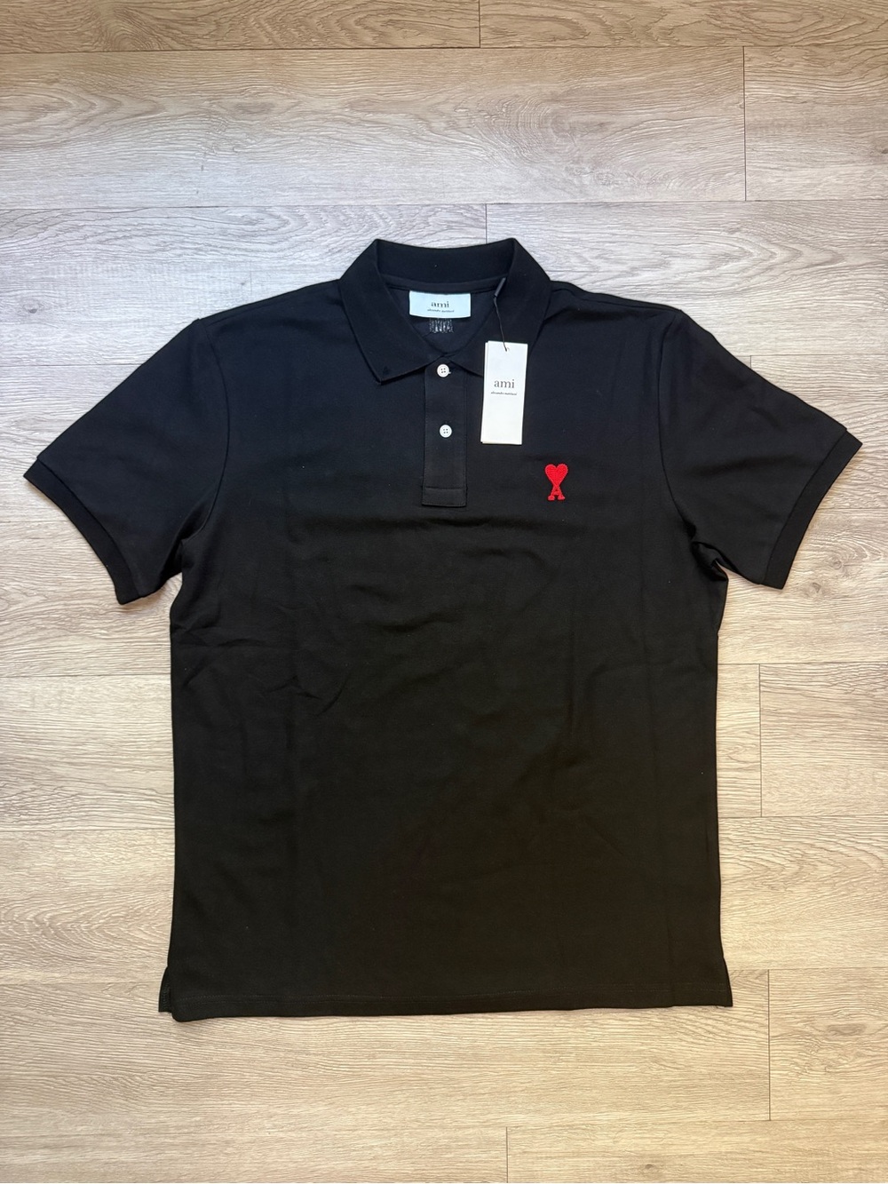 Ami Black Short-Sleeve Polo with Red Heart Emblem